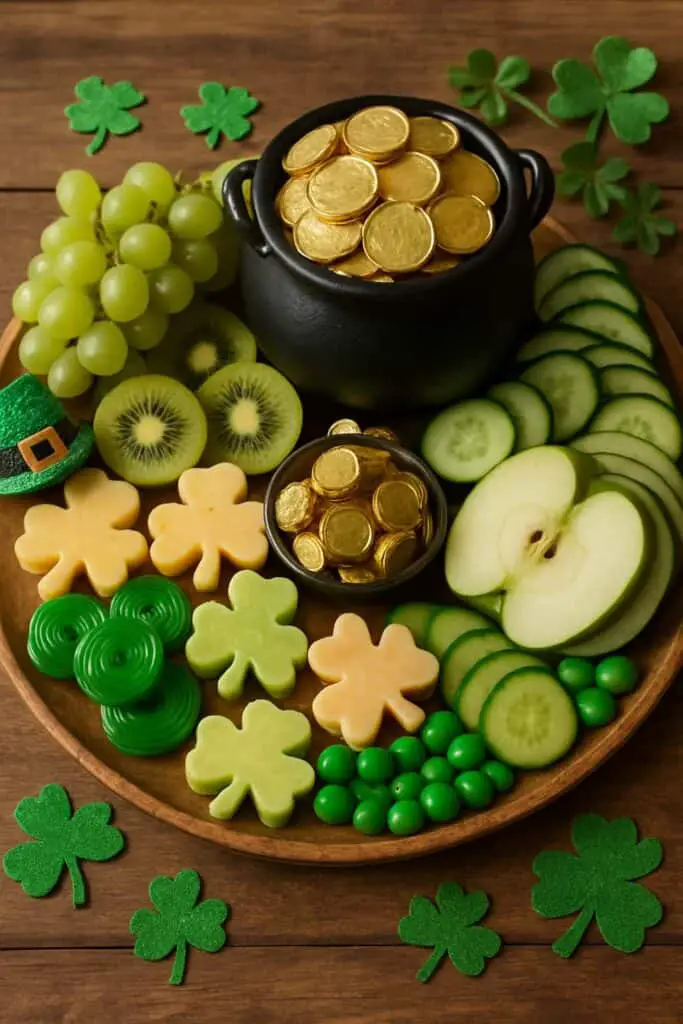 St Patricks Day charcuterie board featuring a pot of gold chocolate coins, green grapes, and shamrock cheese.