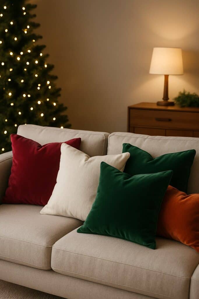 A cozy sofa with colorful velvet and linen pillow covers, decorated for Christmas with a tree in the background.
