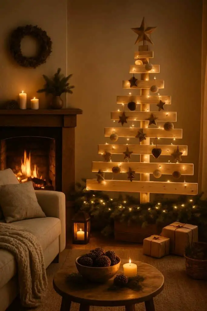 A simple DIY Christmas tree made of wooden planks, decorated with lights and ornaments, surrounded by candles and pinecones.