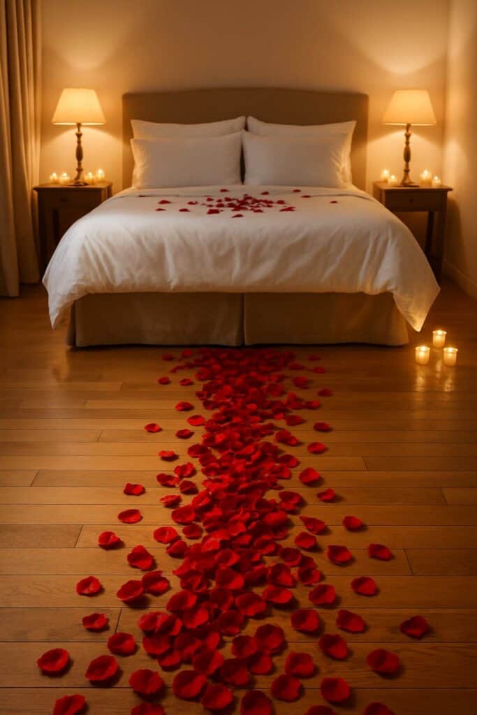 A romantic bedroom with a trail of red rose petals leading to a neatly made bed, illuminated by soft lamps.