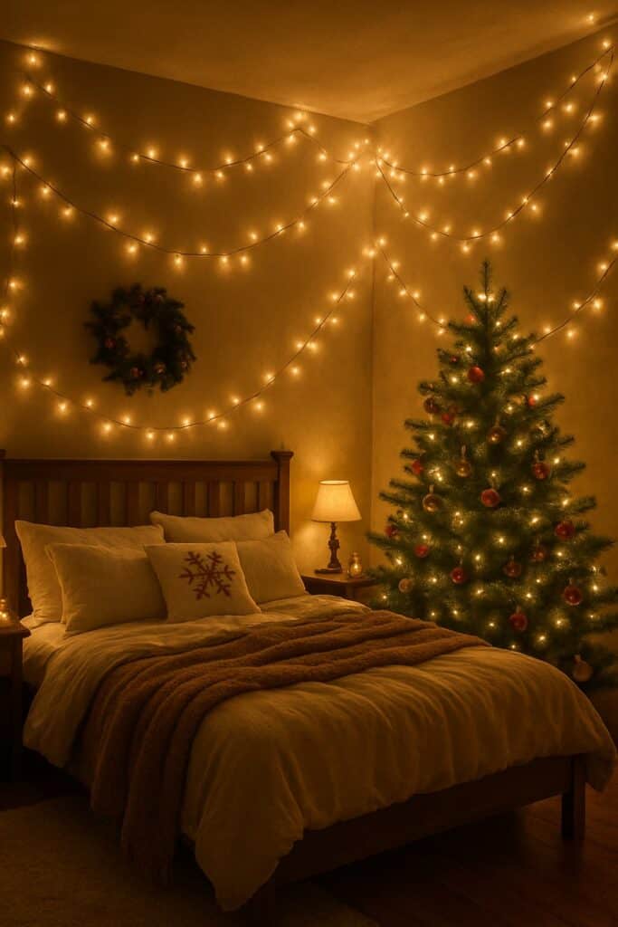 A cozy bedroom decorated with Christmas lights and a tree, featuring soft bedding and warm tones.