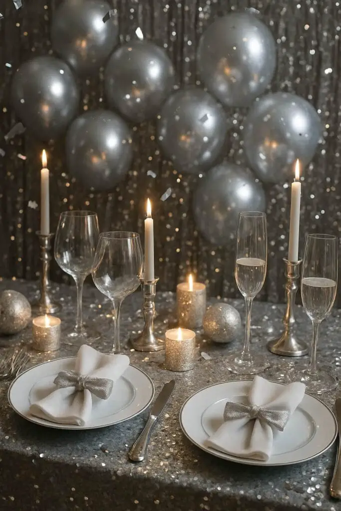A beautifully set table for New Year's Eve featuring silver balloons, candles, and elegant tableware.