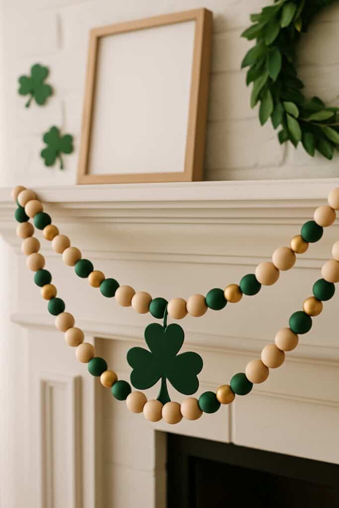A wooden bead garland featuring green and gold beads with a shamrock cutout, displayed on a mantel.