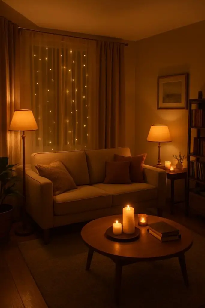 Warmly lit living room at night featuring fairy lights on the window, lamps, and a cluster of candles on the coffee table.