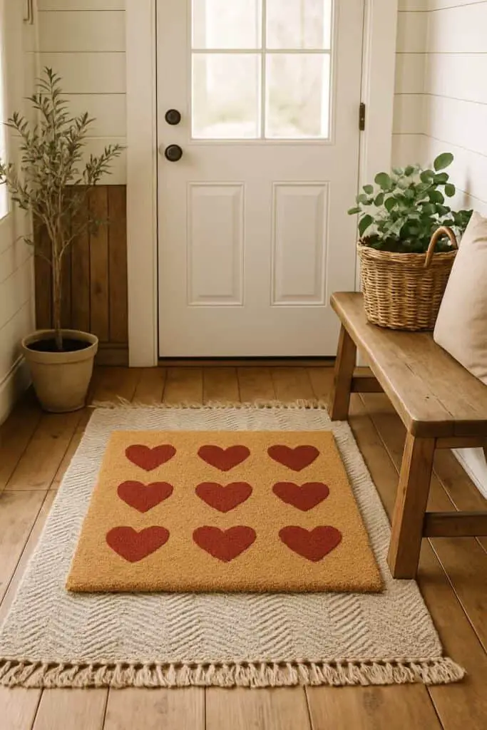 A cozy entryway featuring a Valentine's Day doormat with heart designs layered on a textured rug, complemented by plants and a wooden bench.