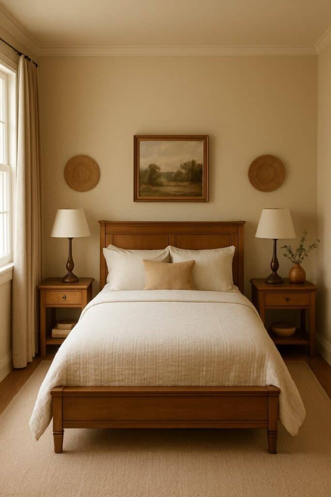 Symmetrical small bedroom layout with a wooden bed frame centered between two matching nightstands and lamps.