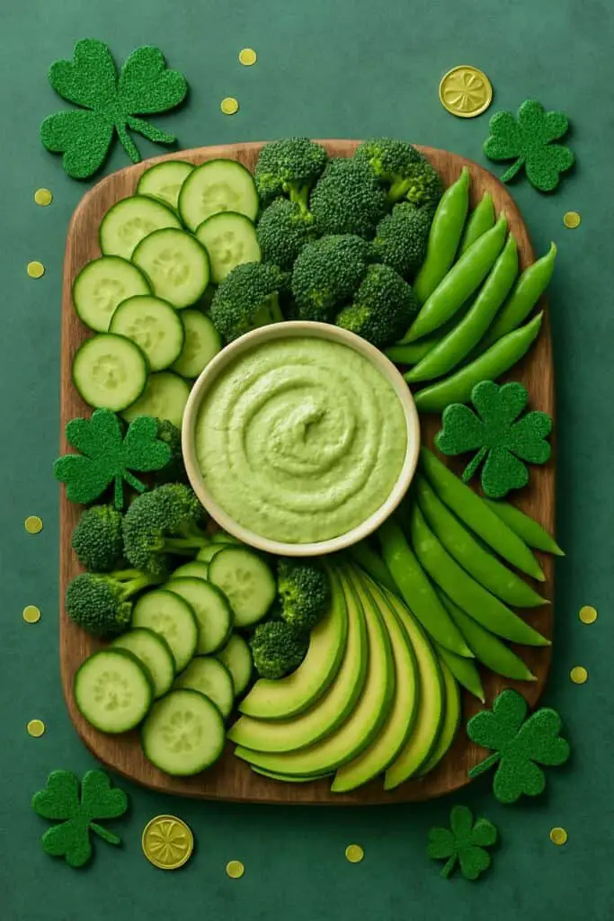 Green goddess veggie platter for St Patricks Day with cucumber, broccoli, snap peas, and green dip.