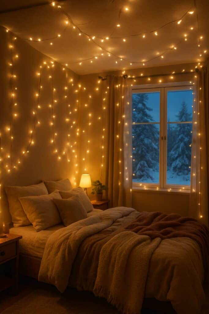 Magical bedroom at night illuminated by strings of warm fairy lights draped over the walls and window, creating a soft glow.