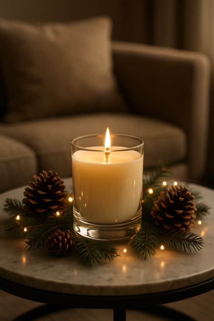 A high-end scented candle on a table, surrounded by pinecones and greenery, creating a cozy holiday atmosphere.
