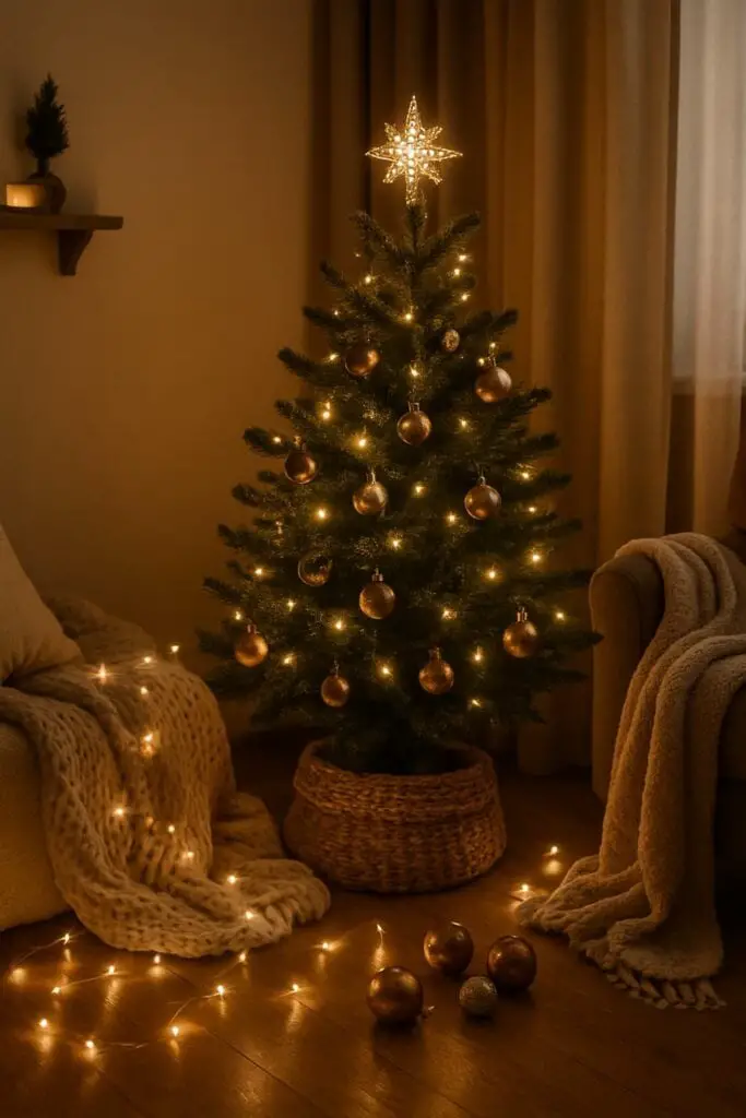 A small Christmas tree with golden ornaments and fairy lights in a cozy corner.