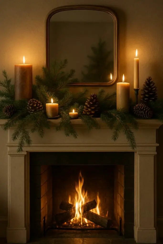 A cozy mantel decorated with pine branches, pinecones, and candles, creating a natural and inviting atmosphere.