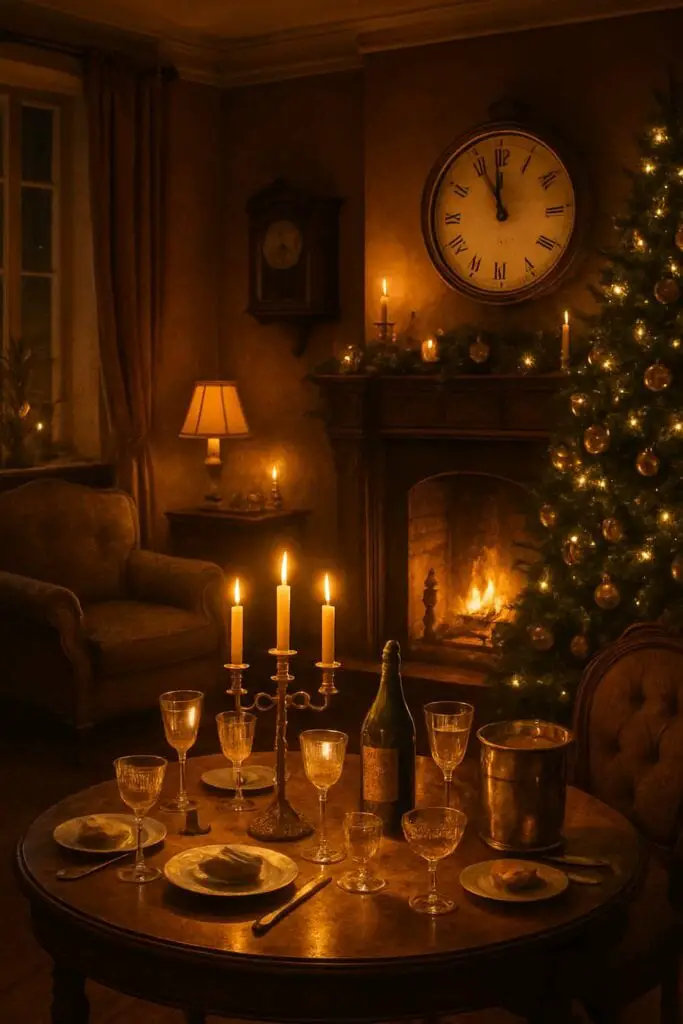 A cozy vintage New Year setting with candles, glassware, and a Christmas tree.