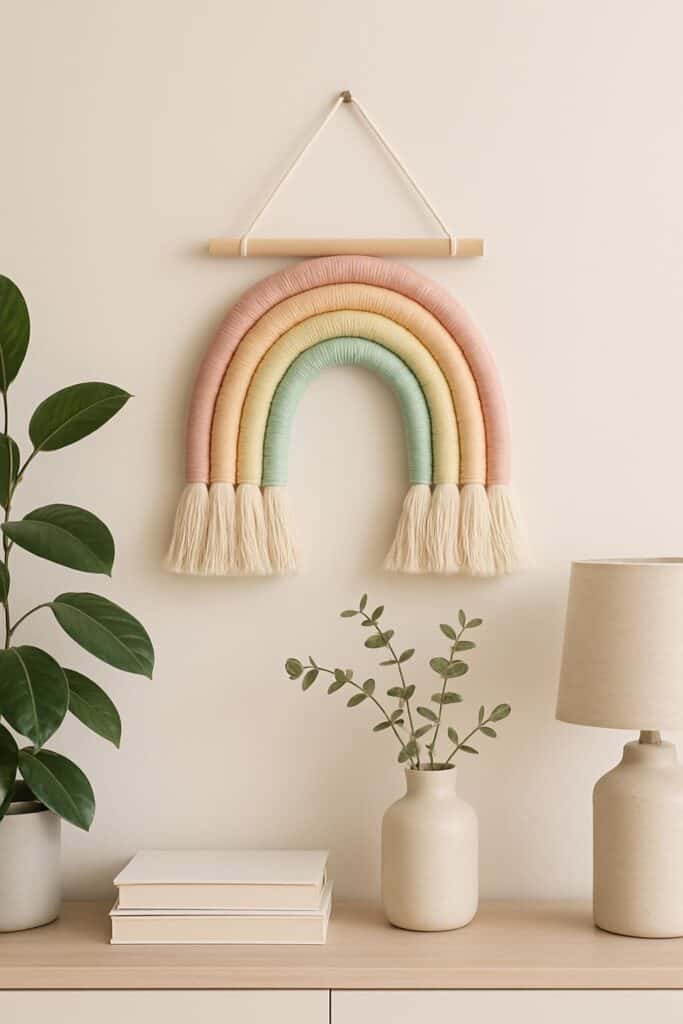 A pastel rainbow yarn wall hanging displayed on a wall with plants and books nearby.