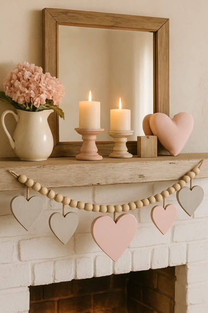 A rustic wooden bead garland draped on a mantle with candles, flowers, and heart decorations.