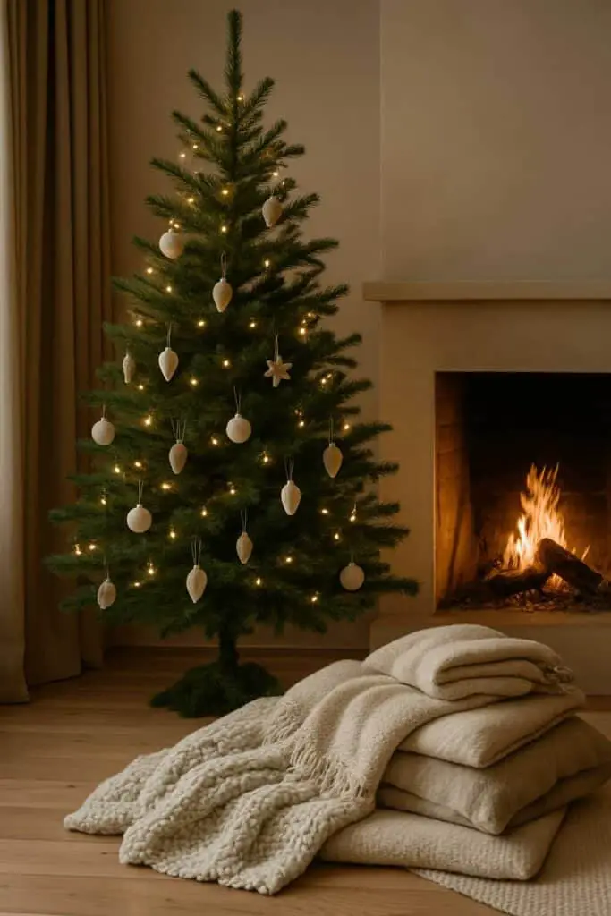 A minimalist Christmas tree with white ornaments and fairy lights, next to a cozy pile of blankets by a fireplace.
