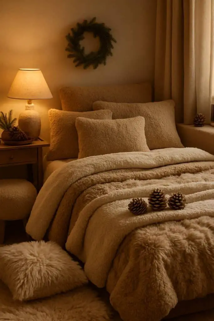 Close up of a cozy bed layered with textured teddy fabric pillows and a thick, fluffy faux fur duvet in warm beige tones.