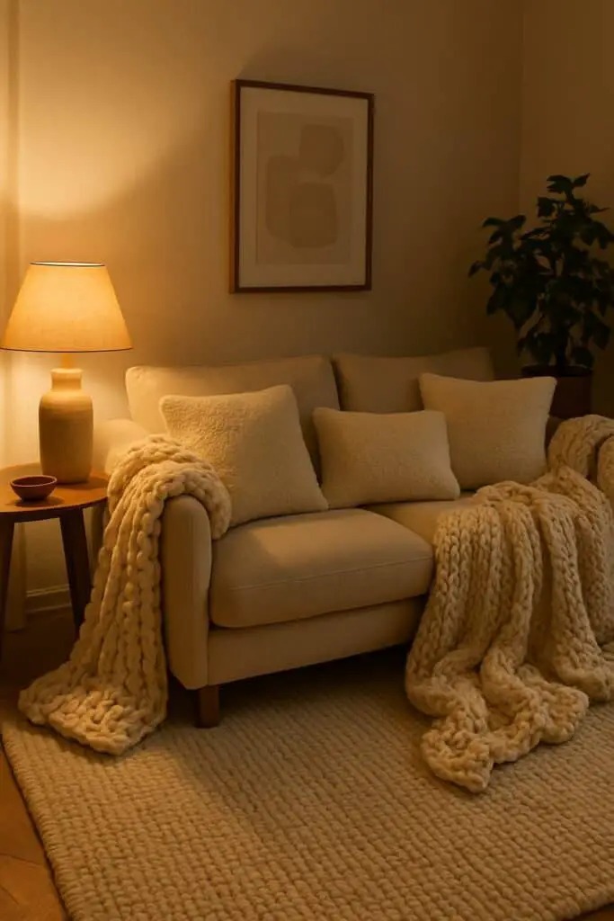 Close up of a cream sofa styled with textured bouclé pillows and a large, chunky knit blanket draped over the arm.