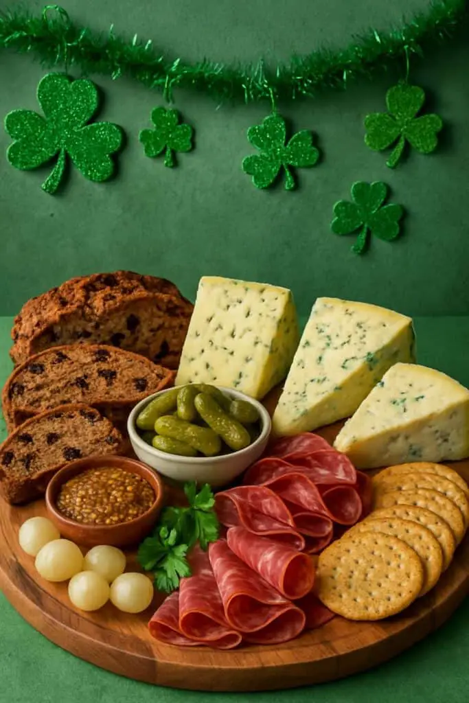 Classic Irish charcuterie board featuring slices of soda bread, wedges of Irish blue cheese, folded salami, cornichons, and festive shamrock decor.