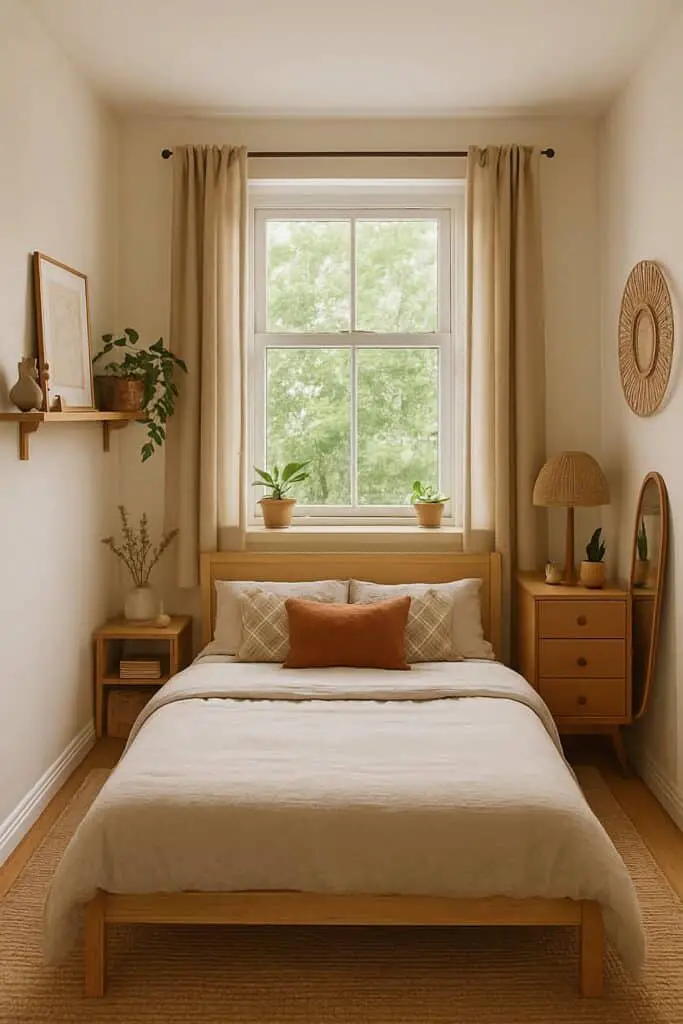 Small bedroom layout with the bed positioned directly under a large window, flanked by curtains and plants.