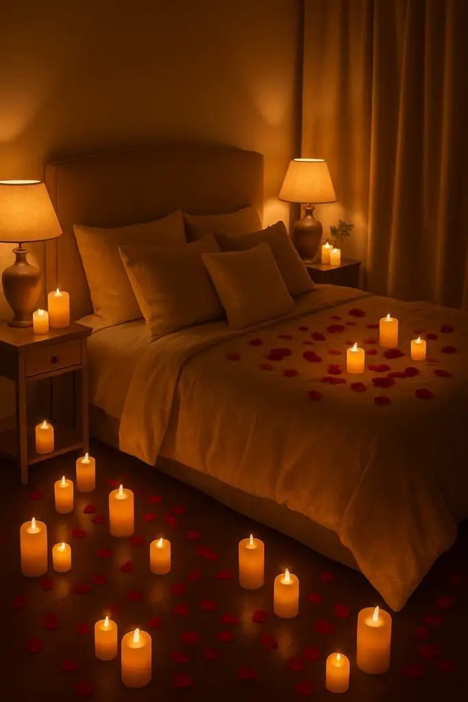 A romantic bedroom decorated with faux candles and rose petals.