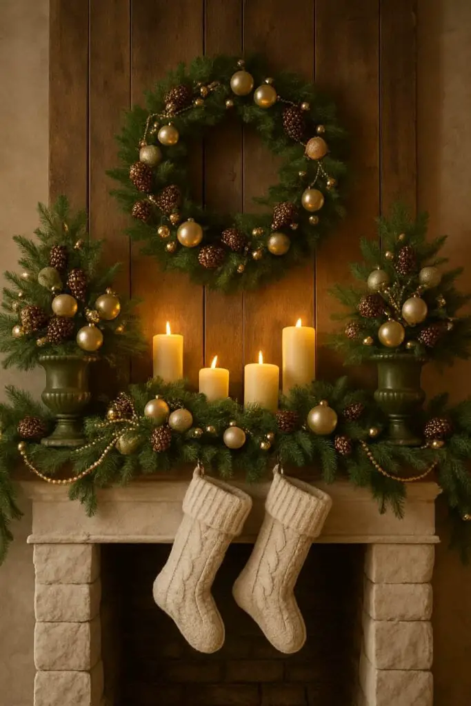 A beautifully decorated Christmas mantel with symmetrical greenery, candles, and stockings.