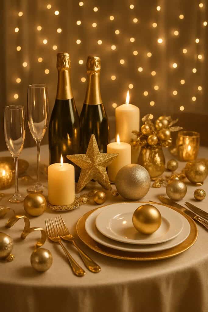 Elegant New Year's Eve tablescape with gold decorations, candles, and champagne.
