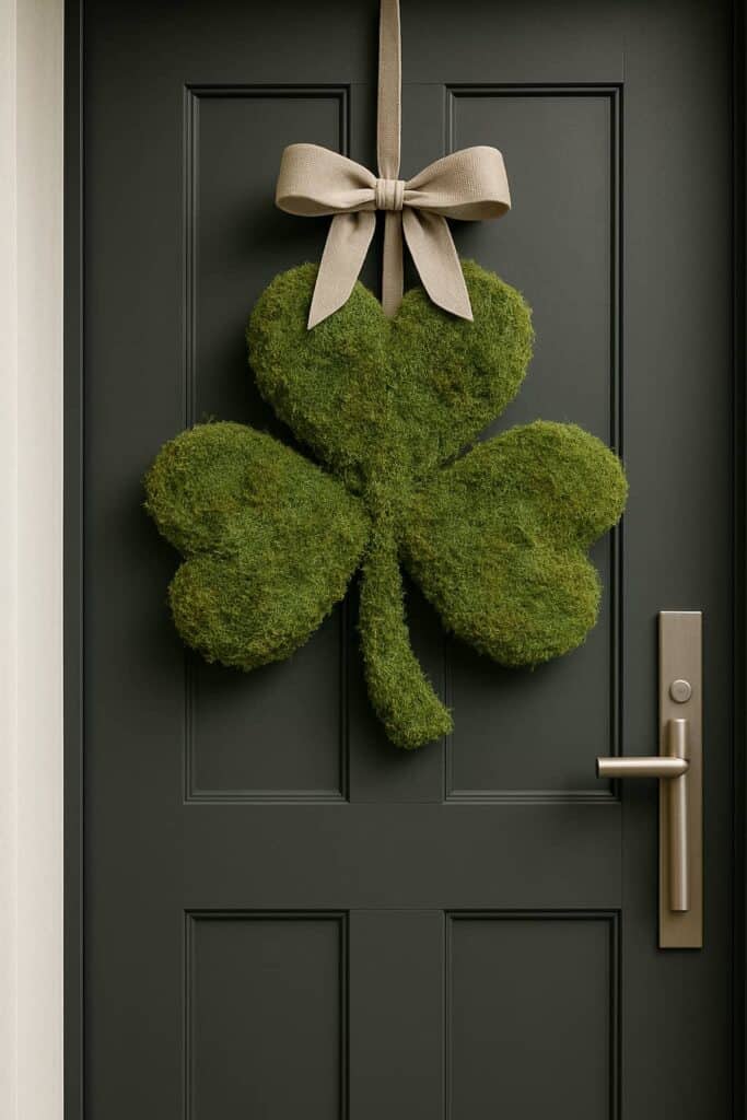 A moss shamrock wreath hanging on a dark door, featuring a cloth bow.