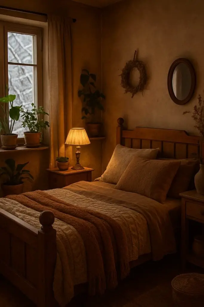 Vintage-inspired cozy bedroom featuring warm brown linen bedding, a wooden bed frame, and a classic lamp casting amber light.