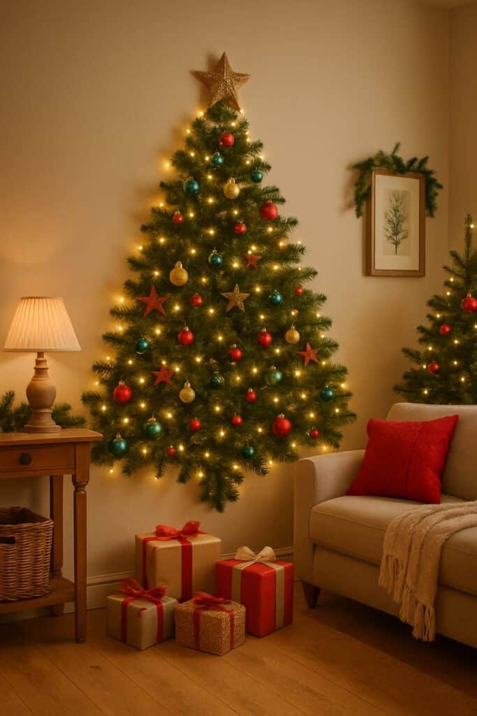 A wall Christmas tree decorated with colorful ornaments and lights, with gifts underneath and a cozy couch nearby.