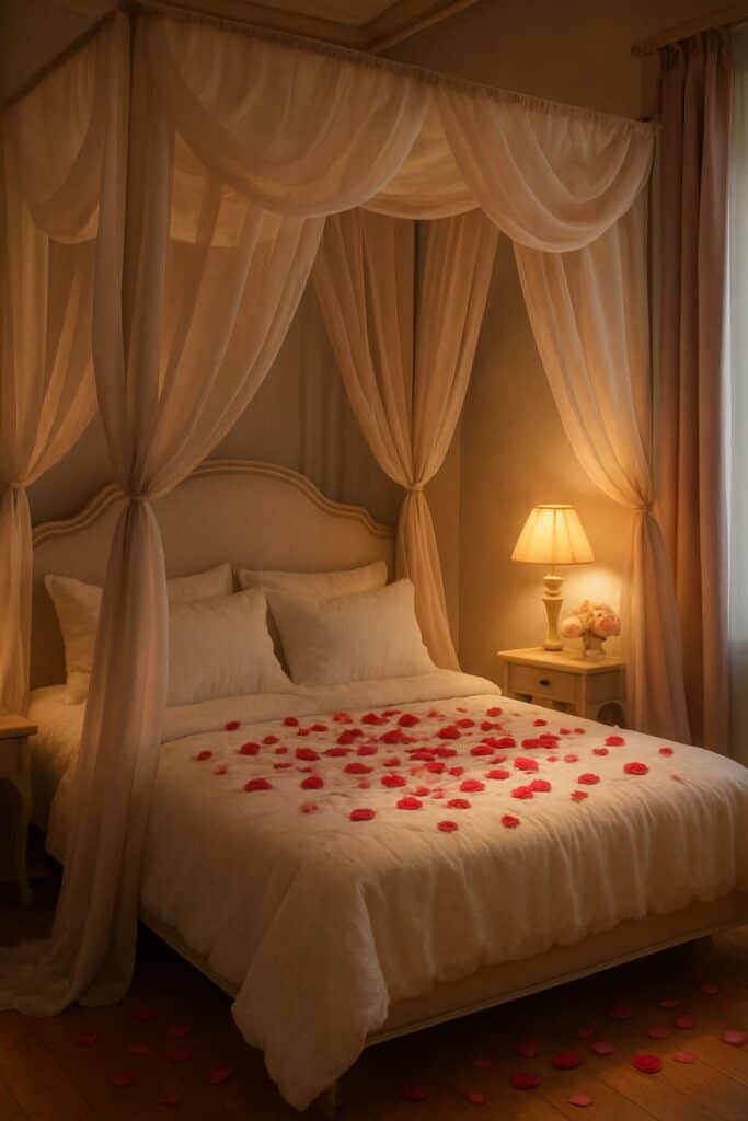 A romantic bedroom with soft canopy drapes and rose petals on the bed.