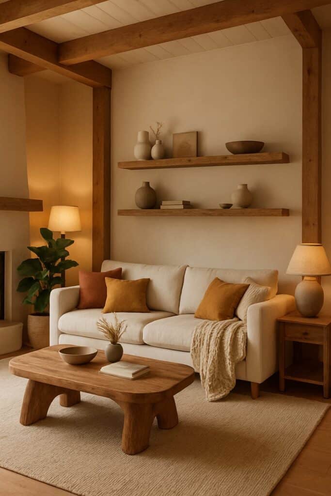 Modern organic living room with a raw wood coffee table, floating wooden shelves with ceramics, and warm beige walls.