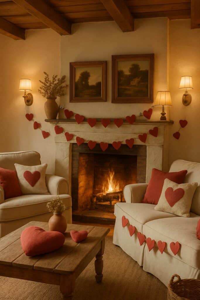 Cozy living room with vintage-style framed art above a fireplace, decorated for Valentine's Day.