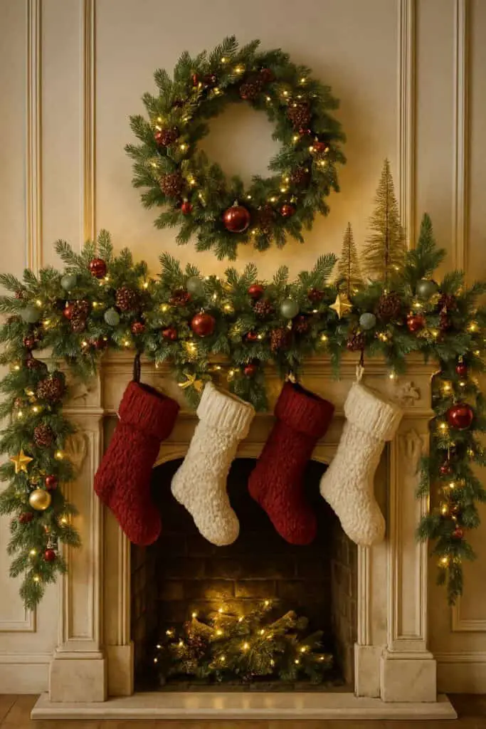 A beautifully decorated fireplace mantel for Christmas with stockings, a wreath, and festive greenery.