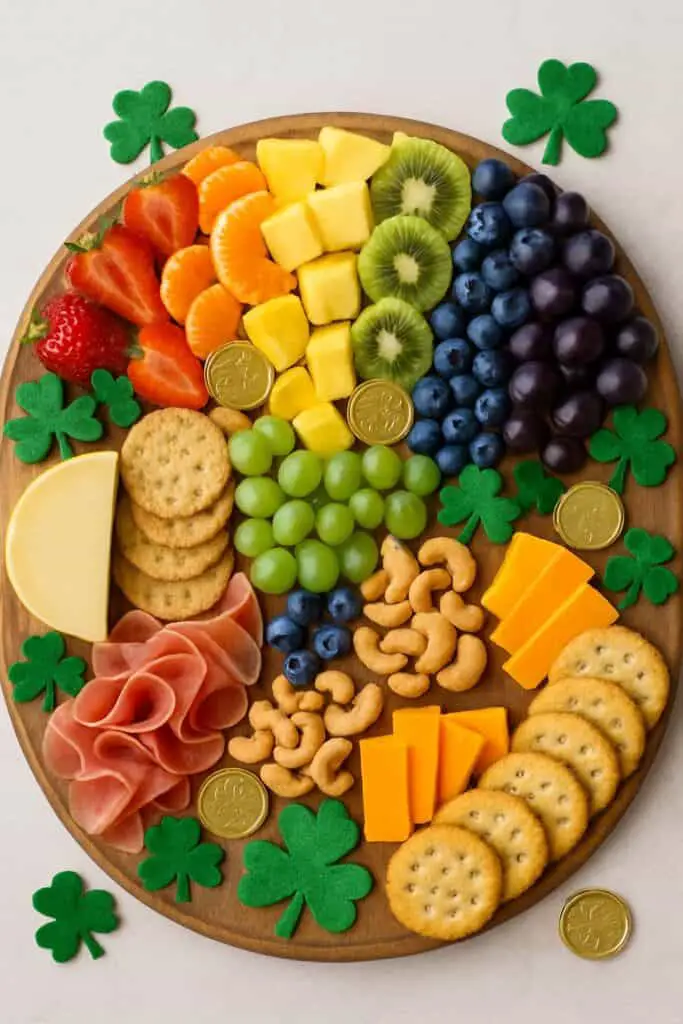 Rainbow fruit charcuterie board for St Patricks Day with strawberries, oranges, pineapple, kiwi, and blueberries in an arc shape.