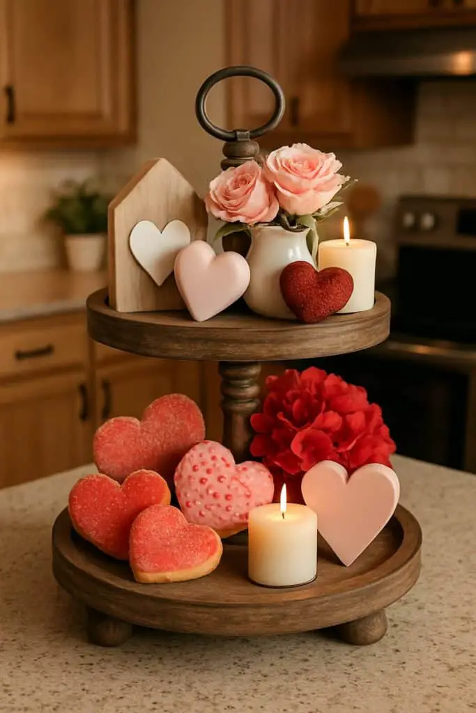A beautifully arranged tiered tray for Valentine's Day, featuring heart-shaped cookies, roses, and decorative hearts.
