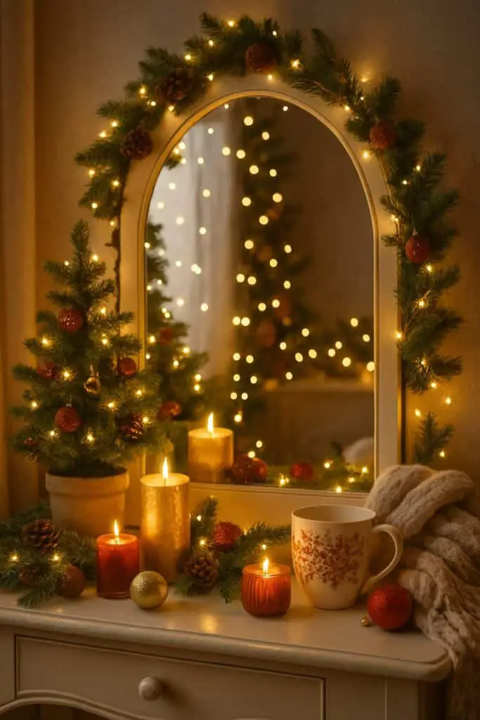 A cozy Christmas vanity decorated with a small tree, candles, ornaments, and a mug.