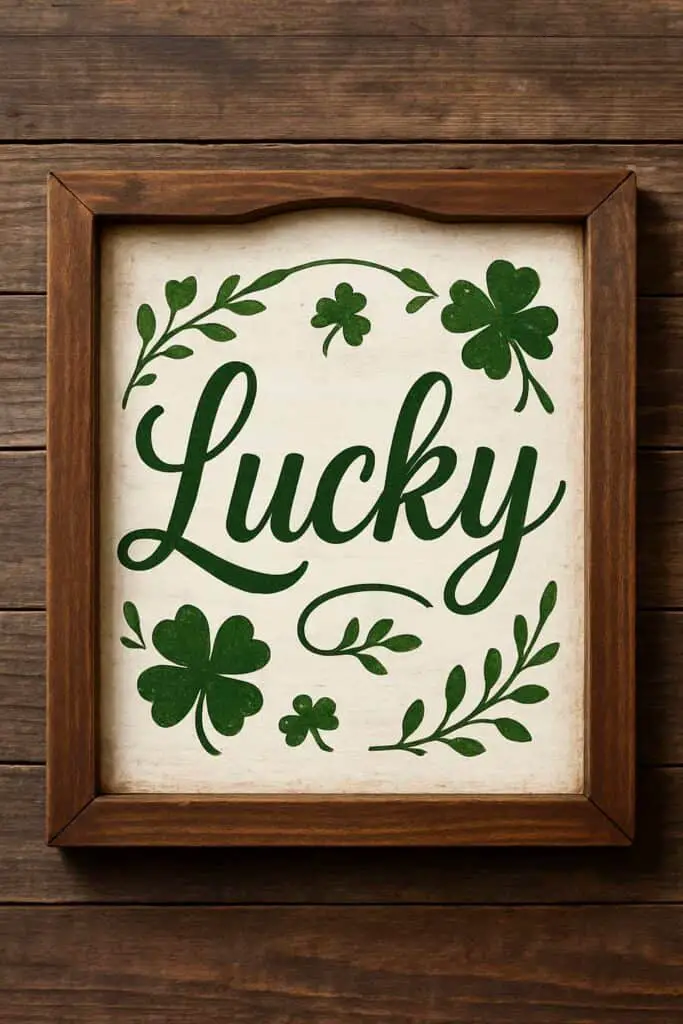 A modern farmhouse sign that says 'Lucky' surrounded by shamrocks and leaves, framed in wood.
