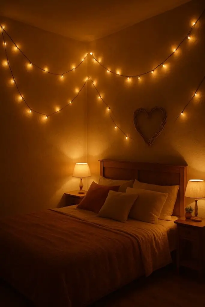 A cozy bedroom with draped string lights creating a warm and romantic atmosphere.