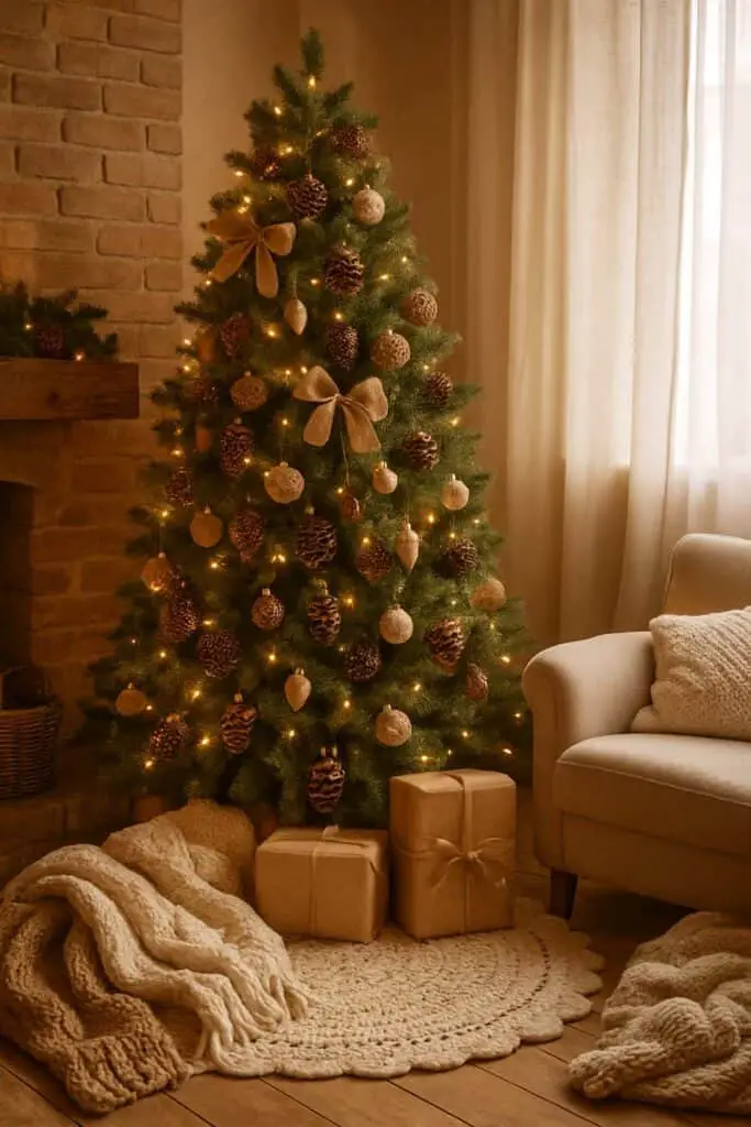 A rustic Christmas tree decorated with pinecones and warm lights, surrounded by wrapped gifts and cozy blankets.