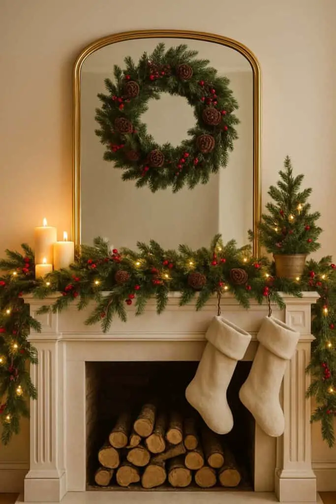 A Christmas mantel decorated with a mirror, wreath, candles, and stockings.