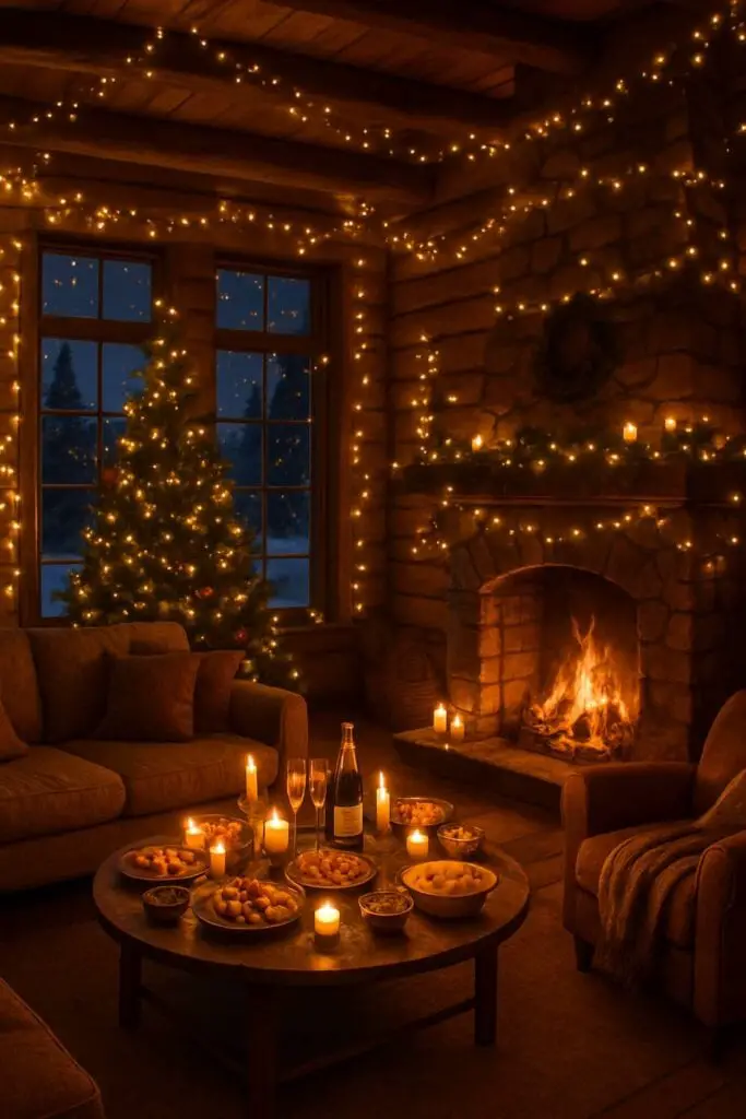 A cozy cabin interior decorated for New Year's Eve with a fireplace, snacks, and festive lights.