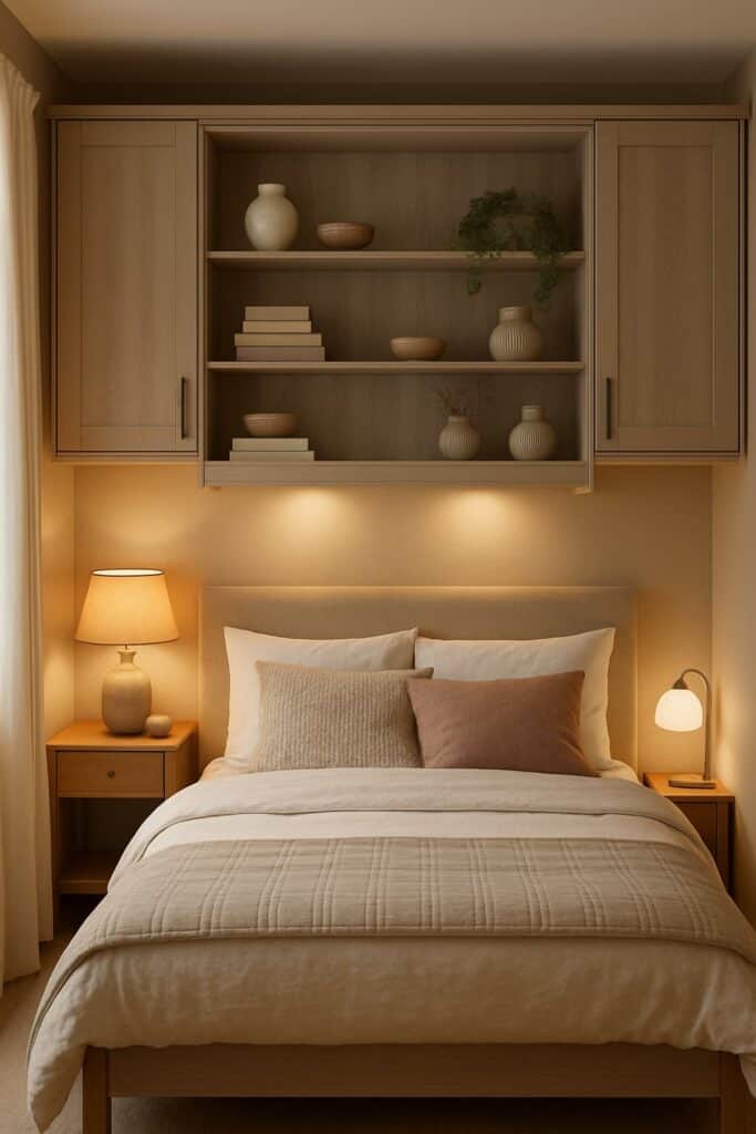 Small bedroom featuring a built-in bridge storage unit with cabinets and shelves surrounding the headboard.