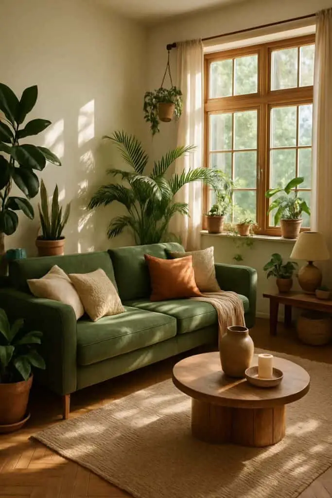 Sage green velvet sofa in a sunlit living room surrounded by large indoor plants and terracotta pots.