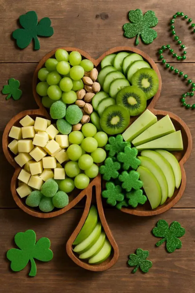 Shamrock shaped charcuterie board filled with green grapes, kiwi, and cheese cubes for a holiday party.