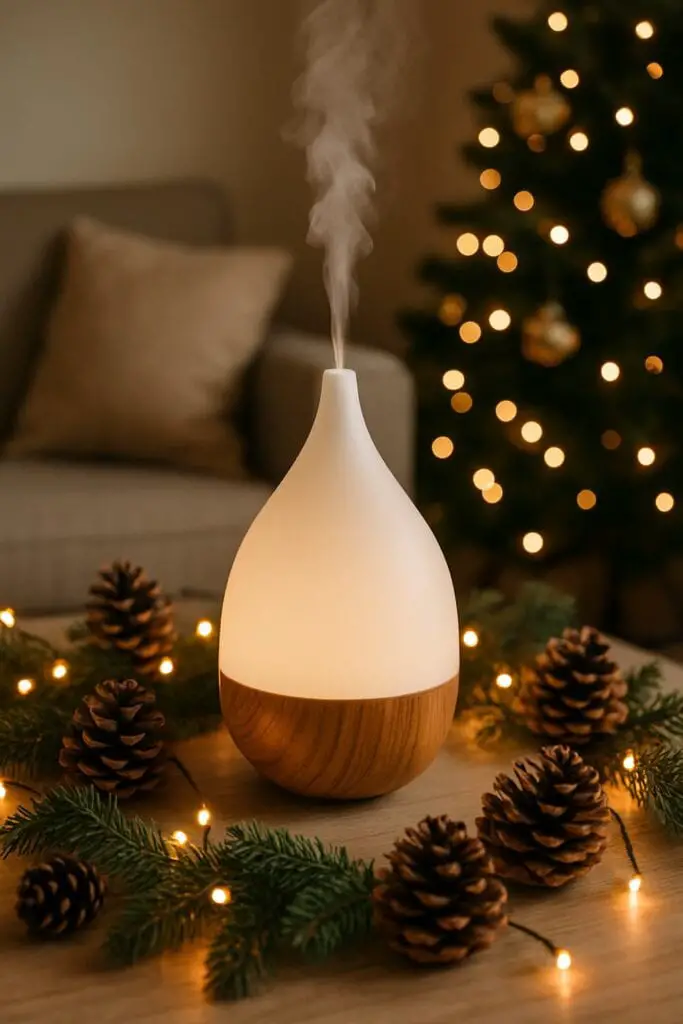 An ultrasonic essential oil diffuser emitting mist, surrounded by pinecones and a Christmas tree in the background.