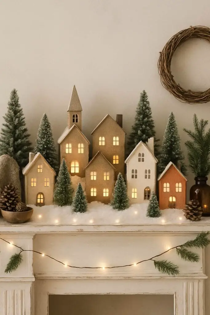 A cozy Christmas village display on a mantel with miniature houses, trees, and warm lights.