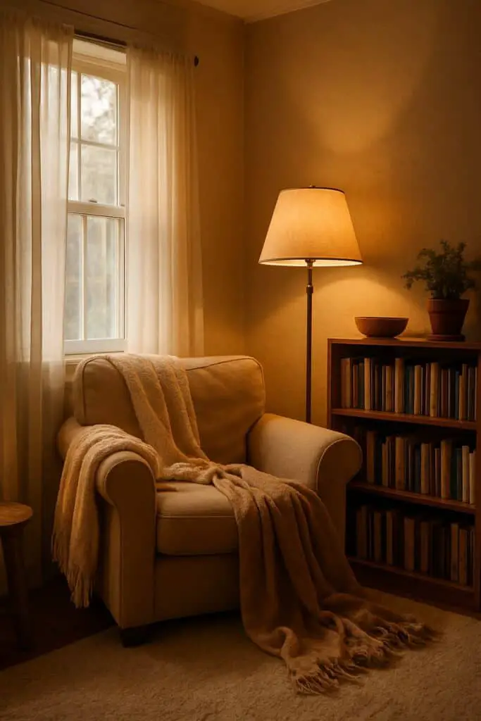 Cozy reading corner featuring a plush beige armchair, a warm floor lamp, and a wooden bookshelf filled with books.