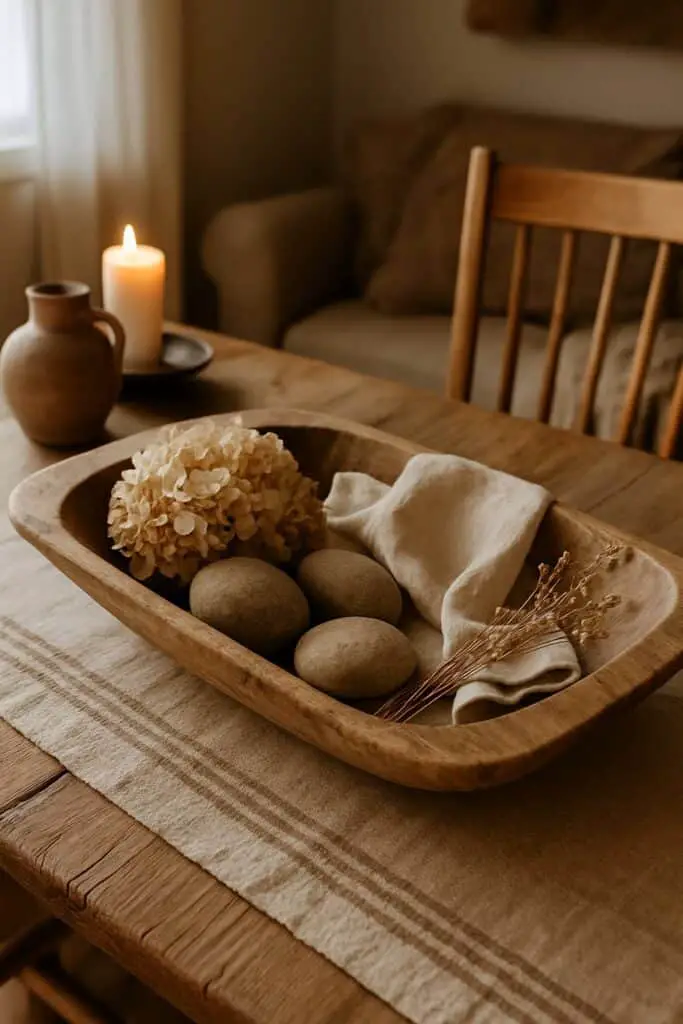A wooden dough bowl filled with stones, dried hydrangeas, and a linen cloth on a rustic table.