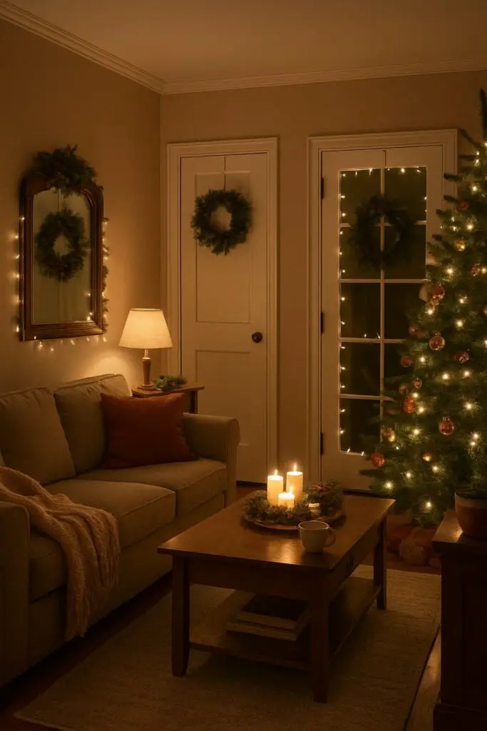 A cozy living room decorated for Christmas with small wreaths on doors and a mirror, a Christmas tree, and candles.