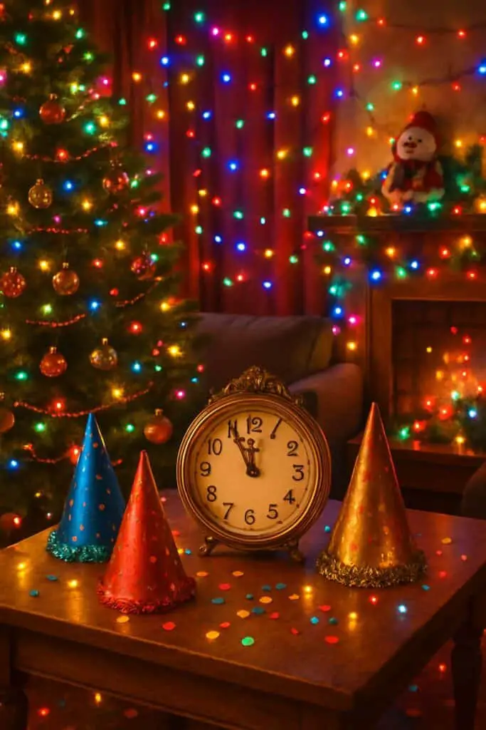 A cozy New Year's Eve setup with colorful fairy lights, a vintage clock, party hats, and a decorated Christmas tree.